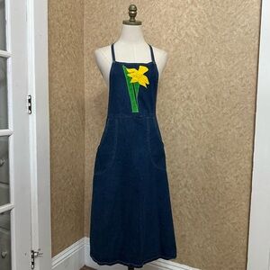 VTG 70s 80s Blue Jean Denim Dark Wash Floral Patch Overall Apron Dress